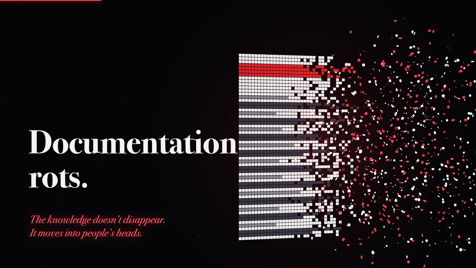 A page of documentation dissolving into red particles