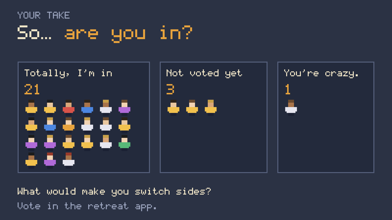 A pixel-art vote wall: totally in, not voted yet, you’re crazy