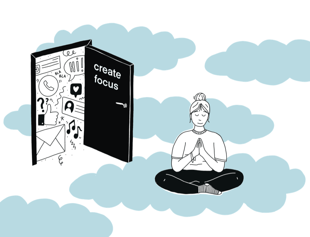 Chapter 5 illustration: A person meditating on a cloud beside an open door