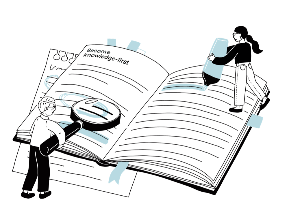 Chapter 8 illustration: Two people on a giant open book with a magnifying glass