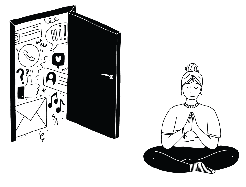 An open door full of notifications next to a person meditating